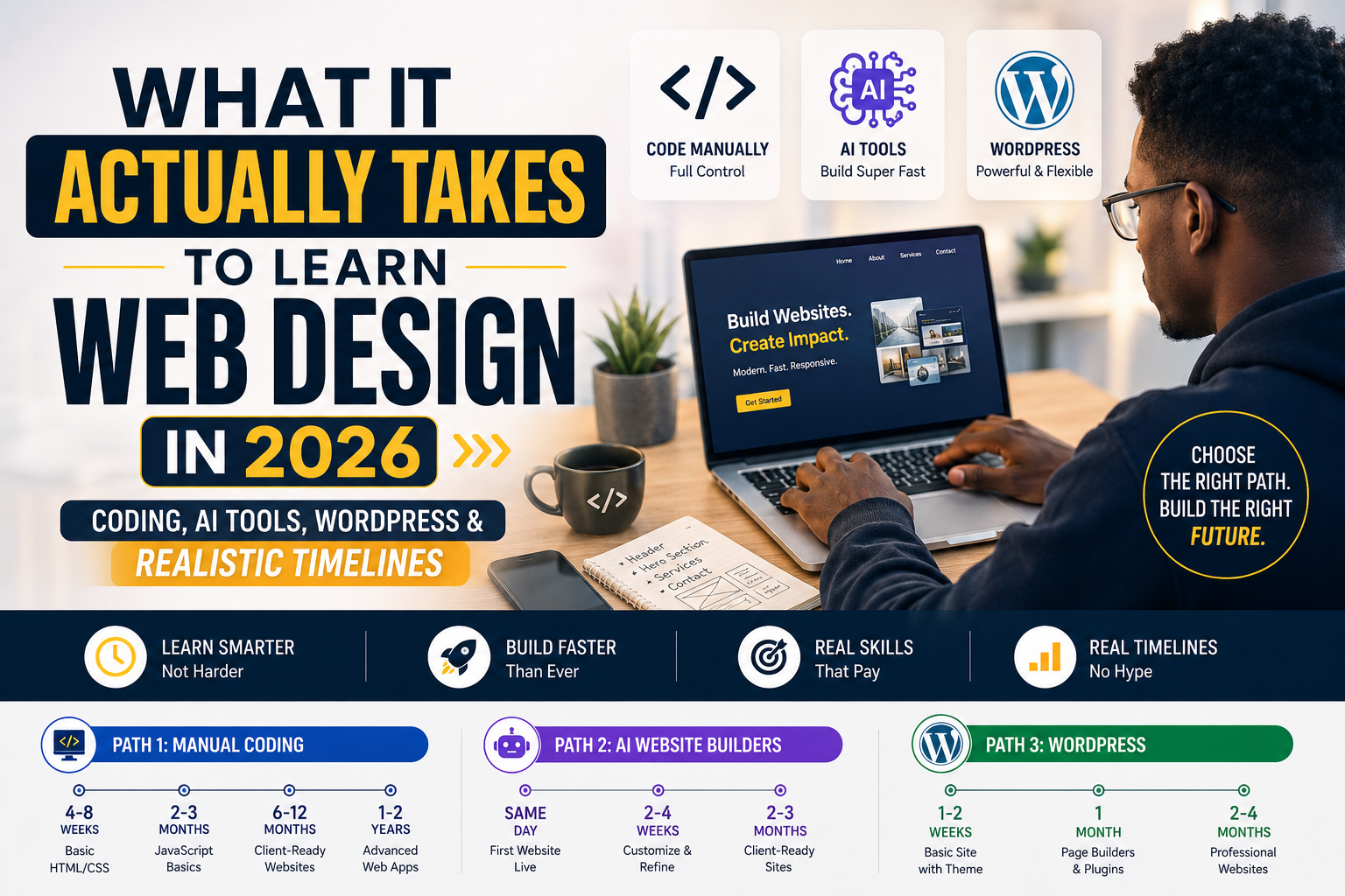 What It Actually Takes to Learn Web Design in 2026 (Coding, AI Tools, WordPress & Realistic Timelines)